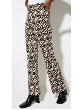 MOTEL ROCKS Zoven Flare Daisy Floral Trouser M Pants Patchwork Denim Brown NEW
